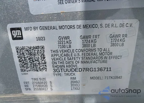 2024 GMC Sierra 1500 4Wd Short Box Slt z USA, uszkodzony, nr VIN 3GTUUDED7RG136711